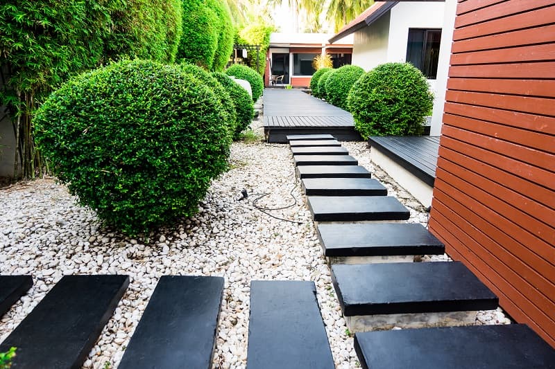 Black,Rocks,Walking,Way,In,Tropical,Garden,,Black,Stones,Garden